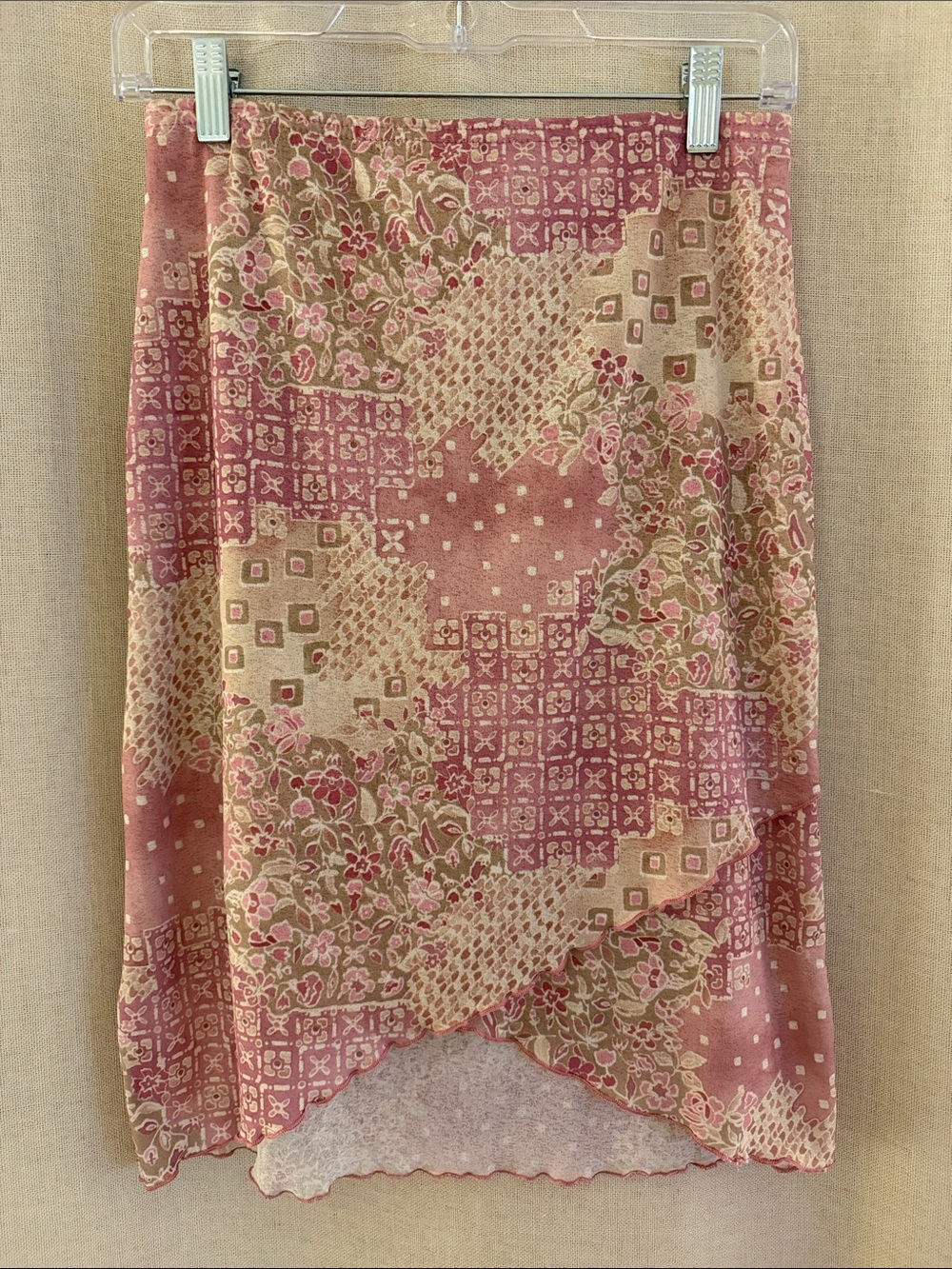 Asymmetrical Floral Patchwork Midi Skirt in Dusty Rose